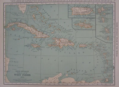 Mapa de las Indias Occidentales del Caribe 1921 de colección. JAMAICA, CUBA Colores Neutros Tostado, Turquesa. Foto 1 de 4