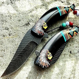8.5" Native American Indian Spring Assisted Open Pocket Knife Damascus BLACK NEW - Picture 1 of 6