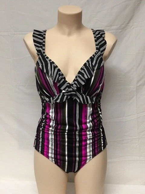 Anne Cole Women's Flounce Open Back One Piece Swimsuit Sketchbook Stripe 12