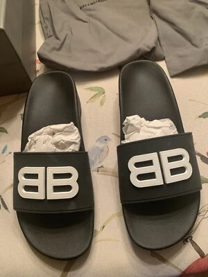 Balenciaga Box Logo Slip On Sandals Womens US Size 9 EU 39C Black Leather - Image 1 of 4