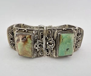 Antique Chinese Export Silver Turquoise Floral Panel Filigree Link Bracelet 68g - Picture 1 of 7