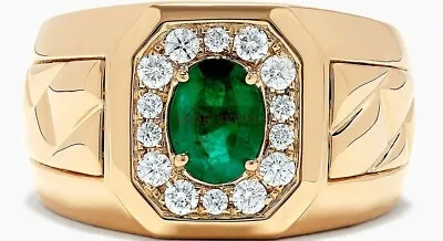Simulierter Smaragd Edelstein Mit Vergoldetem 925 Sterlingsilber Herrenring #771 - Bild 1 von 3