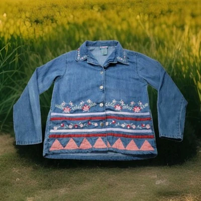 Top de mezclilla bordado néctar para mujer M camisa floral con botones bolsillos cottagecore Foto 1 de 4