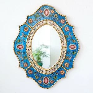 Peruvian Blue Painted Glass Mirror for wall art decor - Accent oval Wall Mirror - Picture 1 of 6