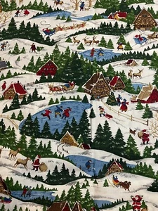 Villaggio di Natale Tessuto Cotone Babbo Natale Invernale Casetta Slitta Renna 1 iarda - Foto 1 di 4