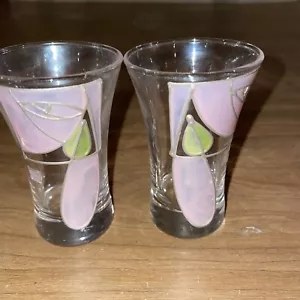 2 Art Nouveau Hand Painted Shot Glasses Pink Flowers - Picture 1 of 5