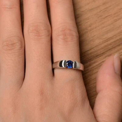 Blue Sapphire 925 Sterling Silver Ring Round Lab Created Gemstone Minimal Ring - Image 1 of 4