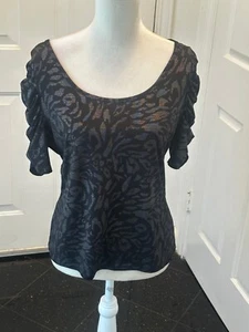Worthington Black/Silver Top L – Subtle Metallic Animal Print, Ruched Sleeves, L - Picture 1 of 16