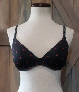 Victoria Secret 34B Sexy Tee Wireless Push Up Bra Padded Black Strawberries - Picture 1 of 9