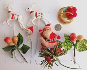 Vintage Christmas Reindeer Plastic Pics, Sugared Mica Bell, Flock Santa Pic LOT - Picture 1 of 13
