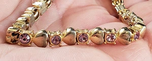 Lila Strass Herz Gliederarmband 7" Vintage goldfarben Metall Glas gbr-48 - Bild 1 von 7