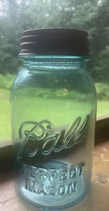 1923-1933 Antique Blue Aqua Ball Perfect Mason jar Very Rare a/ Lid #4 Error - Picture 1 of 9