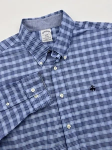 Brooks Brothers Regent Mens Blue Plaid Shirt Button Front Blue Sz Large Logo - Picture 1 of 9