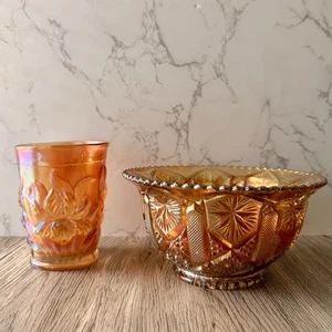 Vintage 'Star and Fire' Marigold Carnival Glass 6" Bowl With Small Iris Tumbler - Picture 1 of 6