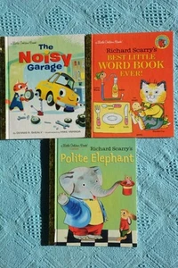 Little Golden Books x 3:Noisy Garage, Polite Elephant, Word Book. LGB Books Back - Foto 1 di 1