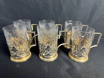 Ruso Soviético Niello Dorado 875 6 Portavasos de Plata con Cristal Vidrio Foto 1 de 4