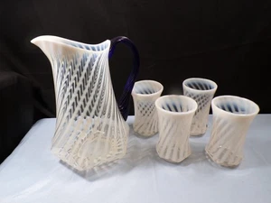 Fenton Opalescent Glass Spiral Optic Blue Ridge Water Set Pitcher 4 Tumblers - Picture 1 of 12