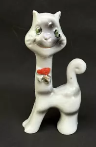 Statuina gatto antropomorfo sorridente collo lungo ceramica giapponese vintage sorridente - Foto 1 di 10