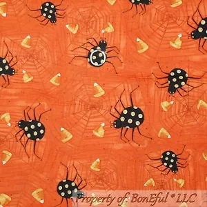 BonEful Fabric FQ Cotton Quilt Black Orange Candy Corn Halloween Spider Web Dot - Picture 1 of 11