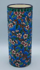 French 19th Century Longwy Emaux Blue Ceramic Cylindrical Flower Vase VERY RARE - Picture 1 of 15