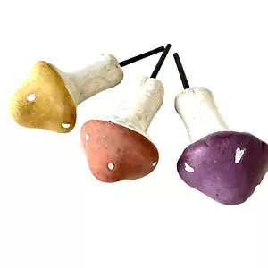 Vtg Ceramic Mushroom Spikes 3 Garden Stakes Decorative Yellow Red Purple Plant - Picture 1 of 11