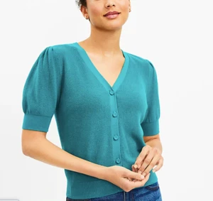 NEW NWT Loft Puff Sleeve V-Neck Cardigan Color: Teal Size: S - Picture 1 of 3