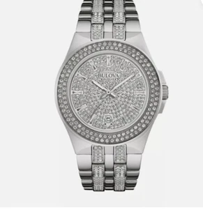 BULOVA $650 MEN'S DAZZLING CRYSTALS BLING PAVE DIAL SILVER DRESS WATCH 96B235 - Picture 1 of 1