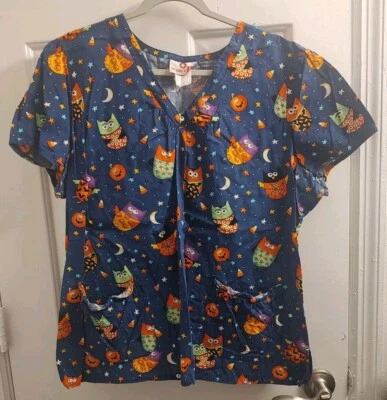 White Cross Halloween Fall Owl Women's Scrub Top Size XL  - Image 1 of 3