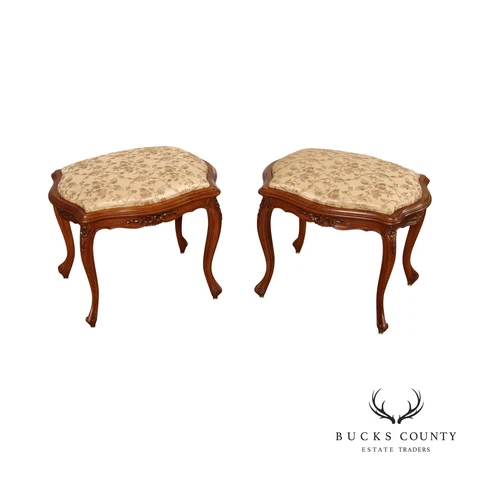 French Louis XV Style Pair of Custom Upholstered Carved Stools Cover