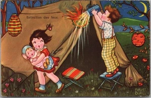 Postal firmada por el artista M. Borriss 1934 camping/tienda incendio "Extinction des Feux" - Imagen 1 de 2