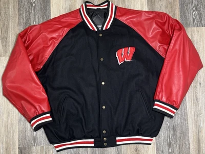 Chaqueta Universitaria De Colección Steve & Barrys Wisconsin Badgers Lana Para Hombre 2XL Negra Roja Foto 1 de 4
