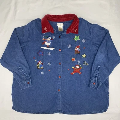 Bobbie Brooks Christmas Print Chambray Blouse Women's Size 26W Blue Red Holiday - Image 1 of 4