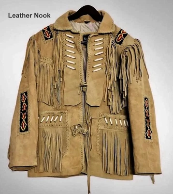 Jaqueta de couro real masculina cowboy nativo americano frisada faroeste franjas e miçangas - Imagem 1 de 3