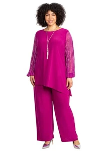 Catherines Women's Plus Size 2-Piece Beaded Mesh Sleeve Pant Set - Picture 1 of 9