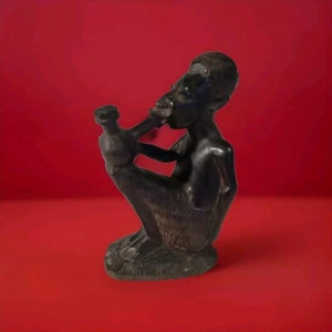 Ebony Wood Figure African Man Smoking Pipe Sculpture 5" Tall Solid Hardwood - Picture 1 of 9