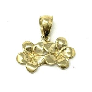 14k Yellow Gold Solid Double Hawaiian Plumeria Flower Pendant 0.8 grams - Picture 1 of 6