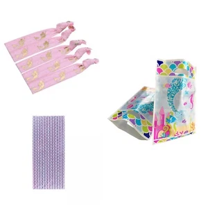 Lot Set of 65 Birthday Party Favors Mermaid Girls NEW Gift Bags Straws Hair Ties - Picture 1 of 9