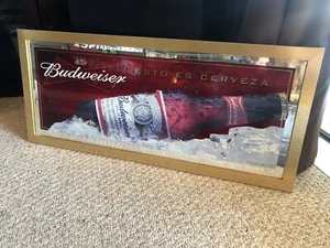 Vintage Rare Budweiser Bottle Mirror Sign Large 32" x 14" Esto En Cerveza - Picture 1 of 6