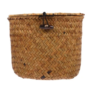 Wicker Round Lid Storage Tray Toilet Paper Basket Shelf - Picture 1 of 12
