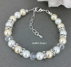 Handmade Bridal White and Cream Pearl Bracelet Rhinestones Wedding Necklace Set - Bild 1 von 7
