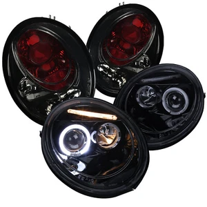 For GLOSSY BLACK 98-05 BEETLE HALO PROJECTOR HEADLIGHTS+SMOKE TAIL LIGHTS BRAKE - Picture 1 of 8
