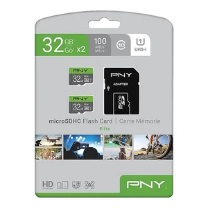 MicroSDHC PNY 32 Go Elite U1 100 Mo/s Full HD UHS-I - 2 cartes en 1 pack - Photo 1 sur 2