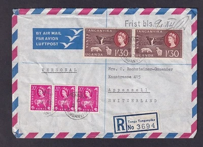 Correo aéreo británico KUT 1960 Tanga a Suiza franqueo mixto por tarifa de $3,20 Foto 1 de 2
