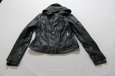 Женская мотоциклетная кожаная куртка с капюшоном Hollister с флисовой подкладкой AC2 черная средний размер - Изображение 1 из 4