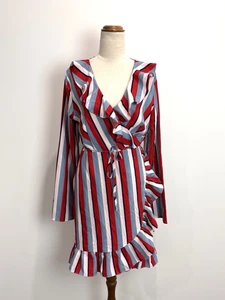 Style State Womens Wrap Dress 14 Red Blue White Striped Ruffles Occasion Office - Picture 1 of 12
