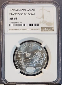 1996 SPAIN SILVER 2000 PESETAS FRANCISCO DE GOYA NGC MS 67 GEM BU TOP POP - Picture 1 of 3