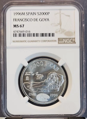1996 SPAIN SILVER 2000 PESETAS FRANCISCO DE GOYA NGC MS 67 GEM BU TOP POP - Image 1 of 3