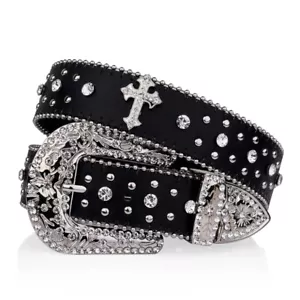 Cintura in pelle western moto bling donna croce nera strass - Foto 1 di 8