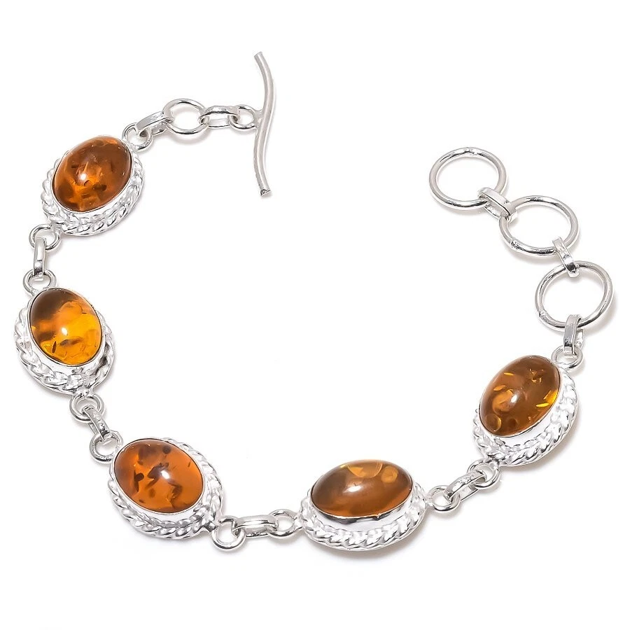 Baltic Amber Gemstone Handmade 925 Sterling Silver Jewelry Bracelet Size 7-8" - Image 1 of 1