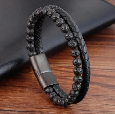 Lava Rock Stone Black Leather Wrap Men Bracelet for Mind Peace Handmade - Image 1 of 4